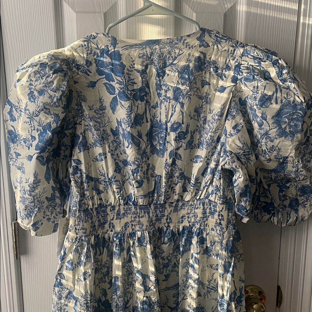 Tuckernuck Blue and White Floral Puff-Sleeve Midi Dress with V-Neck - Picture 14 of 16
